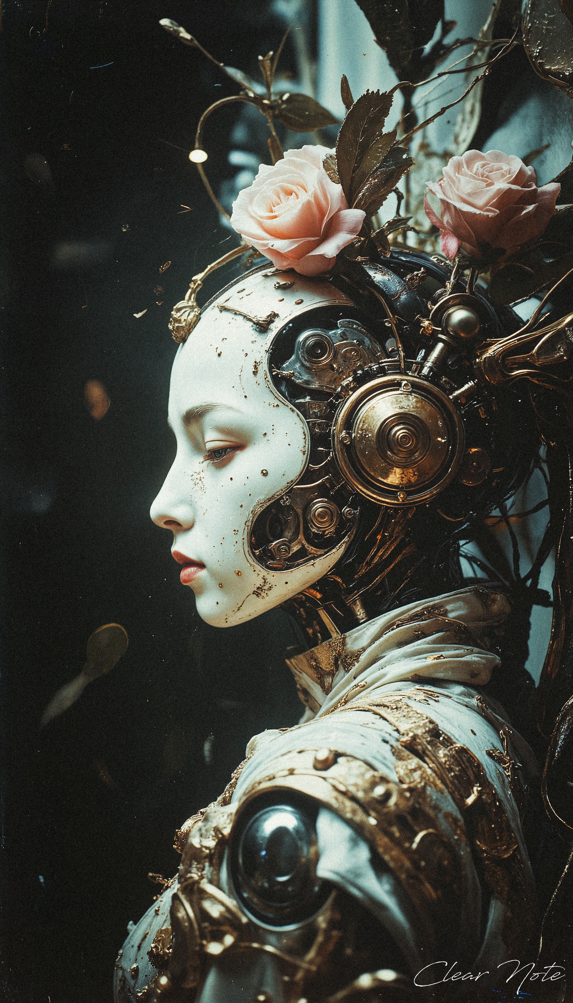 A flawlessly crafted, pure white cyborg stands in serene stillness, its intricate design glowing softly. A delicate, wistful expression graces its face, evoking a blend of elegance and fragility.