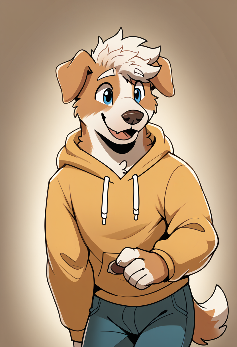 high quality, hires, by braeburned, furry, 1boy, solo, dog boy, st bernard dog, blue eyes, brown fur, white eyebrows, tail, happy, floppy ears, yellow hoodie, white hair, short hair, pants, two tone fur, <lora:Braeburned_style:1>