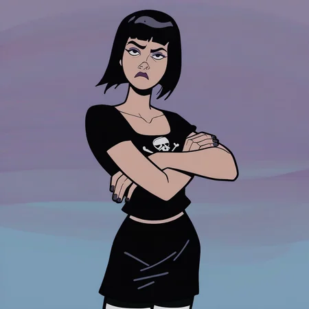 score_9, score_8_up, score_7_up, score_6_up, 2d, cartoon, 1girl, solo, cowboy shot, looking at viewer, bored, standing, black hair, bob cut, makeup, purple eyeshadow, black eyes, collarbone, black shirt, print shirt, jolly roger, black skirt, jewelry, nail polish, striped leggings, arms crossed,