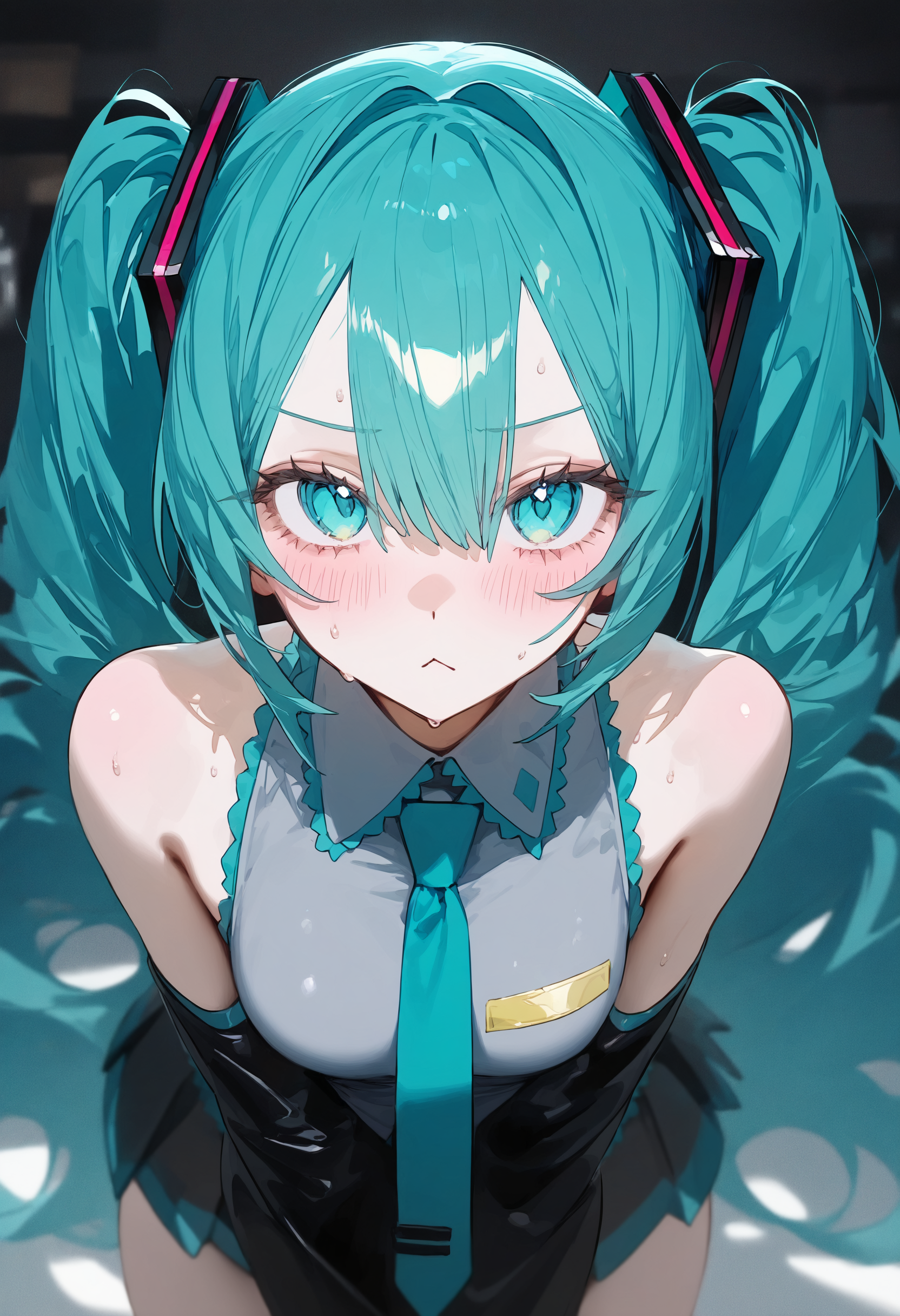 masterpiece, best quality, newest, absurdres, highres, very awa, anime screencap, film grain, limited palette, no lineart, ambient occlusion, depth of field, intricate background, c2Fn, eye focus, painting \(medium\), hatsune miku, 1girl, solo, necktie, looking at viewer, :<, blush, aqua necktie, detached sleeves, shirt, grey shirt, aqua hair, black sleeves, hair between eyes, sleeveless shirt, tie clip, aqua eyes, sleeveless, skirt, breasts, sweatdrop, leaning forward, collared shirt, closed mouth, black skirt, bare shoulders, pleated skirt, close-up, eyelashes, blue necktie, medium breasts, clothes writing, twintails, upper body, v arms, long sleeves, white background, sweat, sidelocks