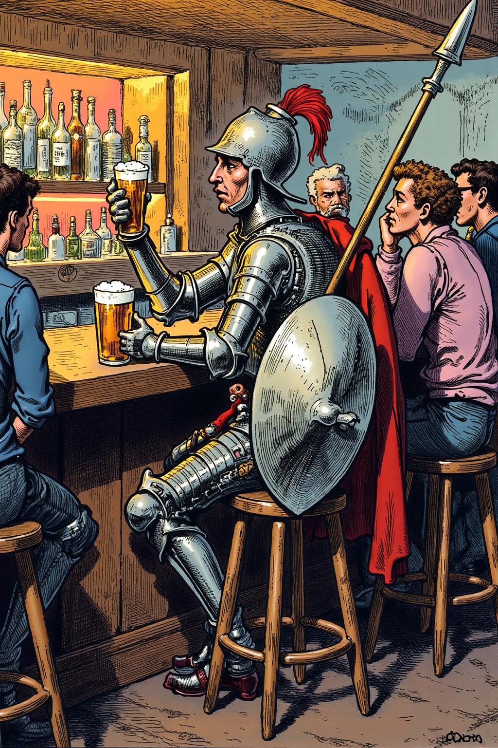 gusdore1 illustration of Don Quixote sitting at a modern bar, enjoying a beer. He wears his classic, medieval armor, slightly tarnished and mismatched, and his signature helmet with a plume. He sits on a high bar stool, holding a frothy pint of beer in one hand, his lance and shield propped up against the bar counter. The bar around him is sleek and contemporary, with neon lights, polished wood, and various bottles lined up on shelves behind him. Other patrons, dressed in modern casual attire, glance curiously at the armored knight. Soft, warm lighting casts a relaxed atmosphere, highlighting the whimsical contrast between Don Quixote and the modern setting. Surreal and humorous, anachronistic, vibrant colors, character-driven scene.   <lora:gusdore1_flor2_d4a2:1.0><lora:799520729507997348:0>