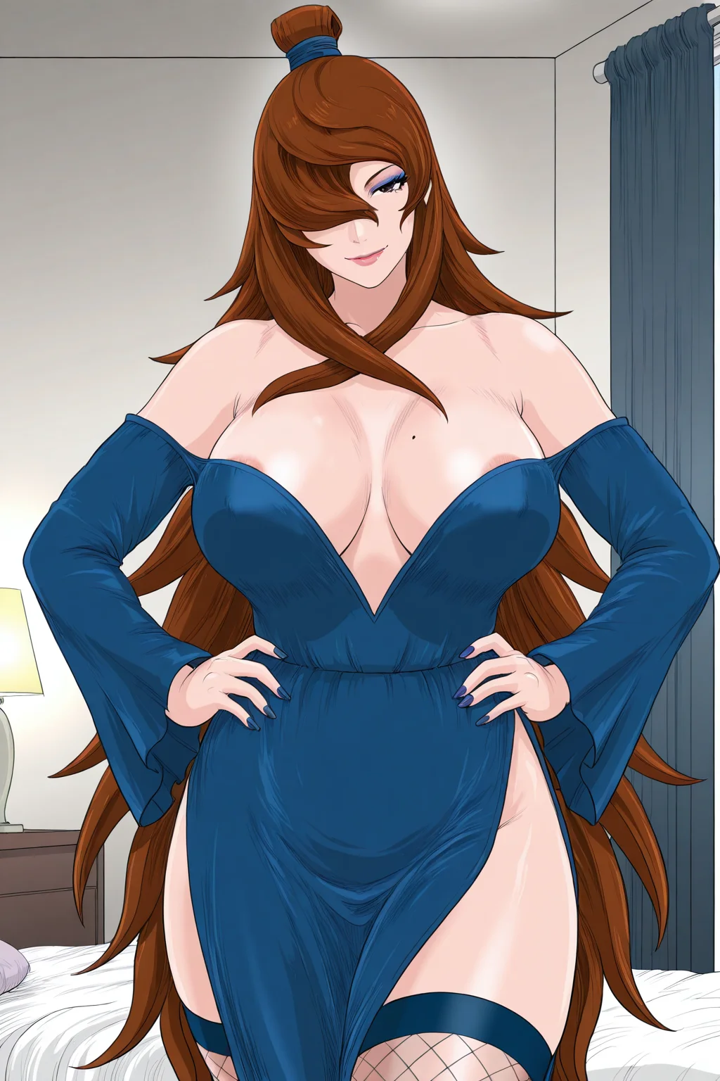 raikage art style, masterpiece, amazing quality, best quality, ultra-detailed, 1girl, long hair, looking at viewer, blue eyes, large breasts, brown hair, long sleeves, dress, bare shoulders, very long hair, brown eyes, detached sleeves, off shoulder, hair bun, nail polish, mole, hair over one eye, makeup, blue dress, single hair bun, breasts apart, eyeshadow, mature female, fishnet thighhighs, terumi mei, standing, seductive smile, head tilt, bedroom, upper body, hands on hips, closed mouth, close up
