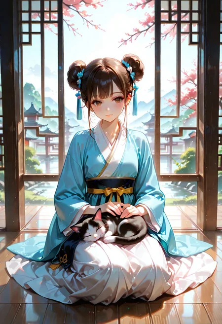 1girl, solo, 4k, hd, ultra detailed, masterpiece, best quality, very aesthetic, absurdres, full body, aesthetic background, detailed background, cute, brown eyes, brown hair, double bun, perfect eyes, beautiful eyes, detailed face, beautiful face, hanfu, beautiful and exquisite hanfu, detailed hanfu, sitting on the porch, dynamic view, sleeping kitten, kitten on lap,