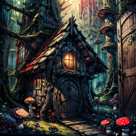 ((masterpiece,best quality)), absurdres, 8k, intricate, high detail,   
<lora:Magical_Forest_Home_v2:0.8>, Magical_Forest_Home, (detailed wooden door:1), mushrooms, Mushroom house, magic, glowing,
<lora:more_details:0.7>