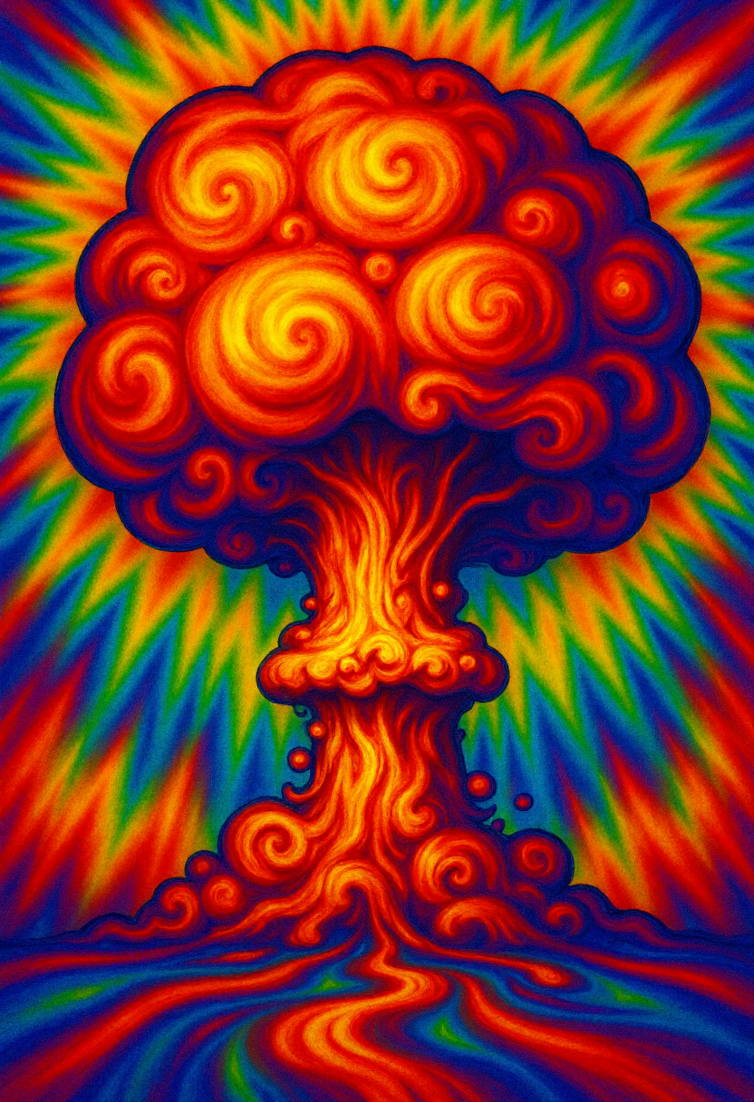 <lora:Tie_Dye_Style_FLUX-000015:0.9>
This is a vibrant, psychedelic digital drawing of a nuclear explosion rendered in a swirling pattern reminiscent of tie-dye artwork.
