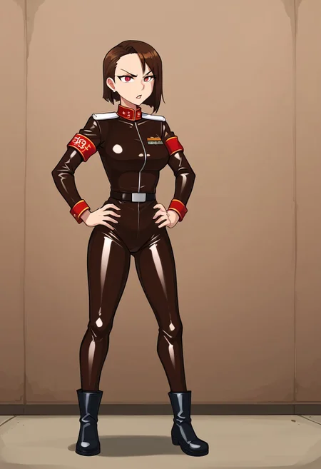 RA2Zofia,short hair,brown hair,asymmetrical bangs,red eyes,standing,hands on hips,brown clothes,uniform,military uniform, latex bodysuit,boots,armband, firing from ak47rfs, ak47rfs, ak47rfs hands, ak47rfs shooting, in her hands, indoors,bunker,underground,concrete,command center, ak47r