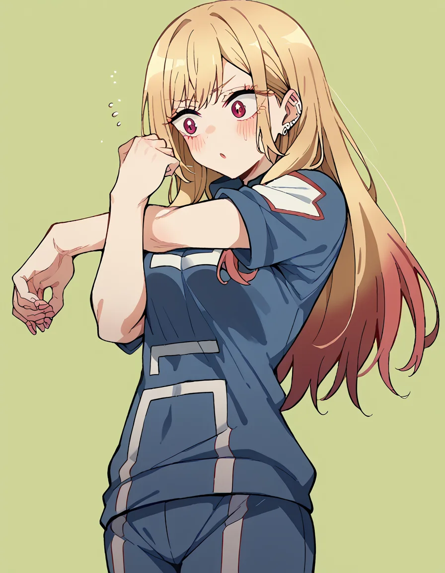 score_9, score_8_up, score_7_up, source_anime, marinkitagawa, <lora:marin-kitagawa-ponyxl-lora-nochekaiser:1>, marin kitagawa, long hair, bangs, blonde hair, red eyes, multicolored hair, medium breasts,, <lora:ua-gym-uniform-ponyxl-lora-nochekaiser:1> ua gym uniform, u.a. gym uniform, blue track suit, blue pants, blue shirt, short sleeves,, blush, track and field, <lora:cross-body-stretch-ponyxl-lora-nochekaiser:1> cross-body stretch, stretching, arm across chest, exercising,, cowboy shot,