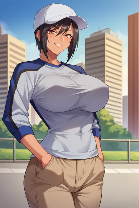 score_9, score_8_up, score_7_up, score_6_up, source_anime, BREAK 1girl, solo, <lora:naomievans-pdxl-nvwls-v1-000005:1> pbNaomi, tan skin, black hair, large breasts, baseball cap, grey shirt, long sleeves, brown pants, hands in pockets, city, blue sky, smile