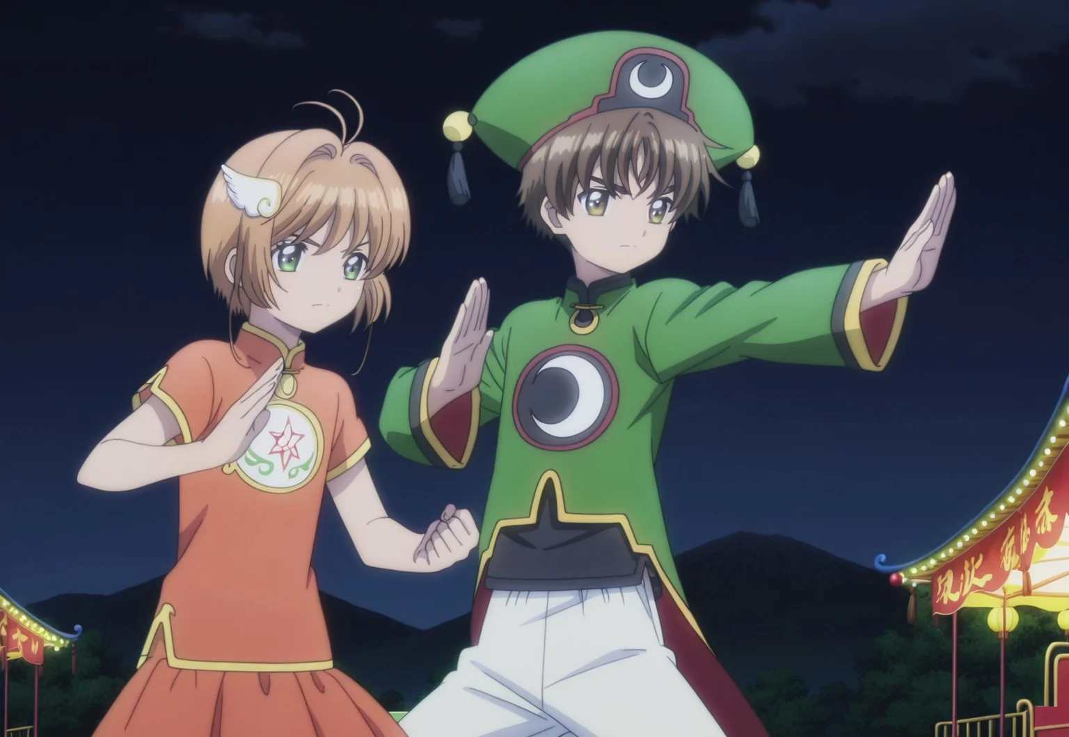 masterpiece, absurdres, highres, (anime screencap:2, anime coloring:2), official art, accurate art style, very aesthetic, flat colors, official screencap, style parody, proper proportions, CCS_Character-Pack, CCS_Clear Card, BREAK, 1girl, sakura kinomoto, brown hair, short hair, bangs, antenna hair, hair intakes, green eyes, chinese clothes, orange dress, short sleeves, china dress, hair ornament, hair intakes, orange hair bobbles, standing, kung-fu, fighting stance, other with male, BREAK, 1boy, syaoran li, brown hair, short hair, bangs, thick eyebrows, yellowish brown eyes, green headwear, chinese clothes, green footwear, long sleeves, hat, wide sleeves, pants, white pants, standing, kung-fu, fighting stance, BREAK, hetero, couple, BREAK, detailed background, outdoors, amusement park, dawn, BREAK, cowboy shot, BREAK, vibrant colors, bloom, vignette, cinematic lighting, 75% soft lighting, 25% dark lighting