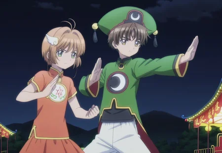 masterpiece, absurdres, highres, (anime screencap:2, anime coloring:2), official art, accurate art style, very aesthetic, flat colors, official screencap, style parody, proper proportions, CCS_Character-Pack, CCS_Clear Card, BREAK, 1girl, sakura kinomoto, brown hair, short hair, bangs, antenna hair, hair intakes, green eyes, chinese clothes, orange dress, short sleeves, china dress, hair ornament, hair intakes, orange hair bobbles, standing, kung-fu, fighting stance, other with male, BREAK, 1boy, syaoran li, brown hair, short hair, bangs, thick eyebrows, yellowish brown eyes, green headwear, chinese clothes, green footwear, long sleeves, hat, wide sleeves, pants, white pants, standing, kung-fu, fighting stance, BREAK, hetero, couple, BREAK, detailed background, outdoors, amusement park, dawn, BREAK, cowboy shot, BREAK, vibrant colors, bloom, vignette, cinematic lighting, 75% soft lighting, 25% dark lighting