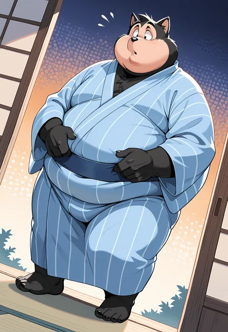 masterpiece, best quality, amazing quality, dynamic angle, dutch angle, abstract background, BREAK
solo, male, pjp3t3, furry, feline, black body, black hair, black eyes, animal ears, chubby, fat, overweight, yukata, japanese clothing, BREAK
<lora:P._J._Pete_-_Goof_Troop_-_ILXL:1>