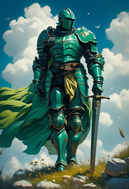score_9, score_8_up, score_7_up, score_6_up, score_5_up, score_4_up,
<lora:ArmorSentinelV2:1>, arm0rs3nt1n3l,
solo, 1boy, spartan, (black armor with green accents), black color armor, holding, standing, full body, male focus, weapon, outdoors, armored boots, sky, day, belt, cloud, sword, holding weapon, cape, armor, blue sky, bird, holding sword, grass, cloudy sky, helmet, shoulder armor, 1other, wind, facing viewer, gauntlets, sheath, walking, pauldrons, rock, sheathed, breastplate, armored boots, greaves, planted, faulds, knight, full armor, ambiguous gender, planted sword, covered face, hand on hilt, helm, green cape