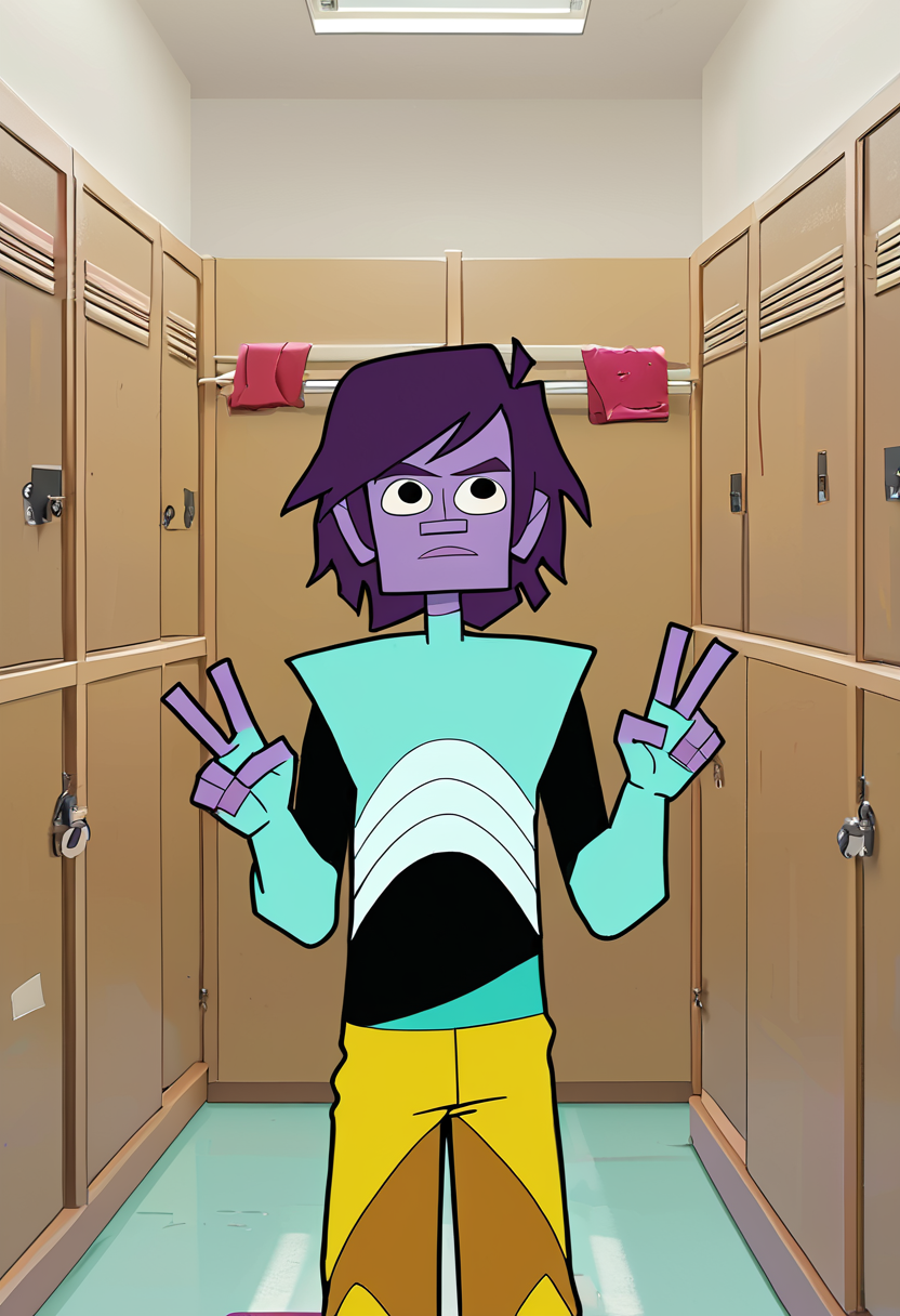 <lora:TwelveForever_Todd_Pony:0.9>, todd \(endless\), purple skin, hands up, double v, todd, twelve forever, 1boy, solo, short hair, black eyes, dressing room, masterpiece, best quality, score_9, score_8_up, score_7_up