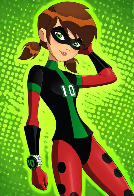 masterpiece, best quality, 1girl, girl is a very feminine, very girly, large boobs, cute, innocent, female version of Ben Tennyson, very long, straight, brown hair, green eyes, wearing the Miraculous Ladybug costume complete with mask. oft_ldybg, domino mask, red polka dot bodysuit,Ribbons holding his hair in pigtails. BTF_ben10, left wrist watch, brown hair, green eyes,Style is of the Ben10 cartoon. detailed background, dynamic angle, volumetric lighting, intense spotlights below, godrays