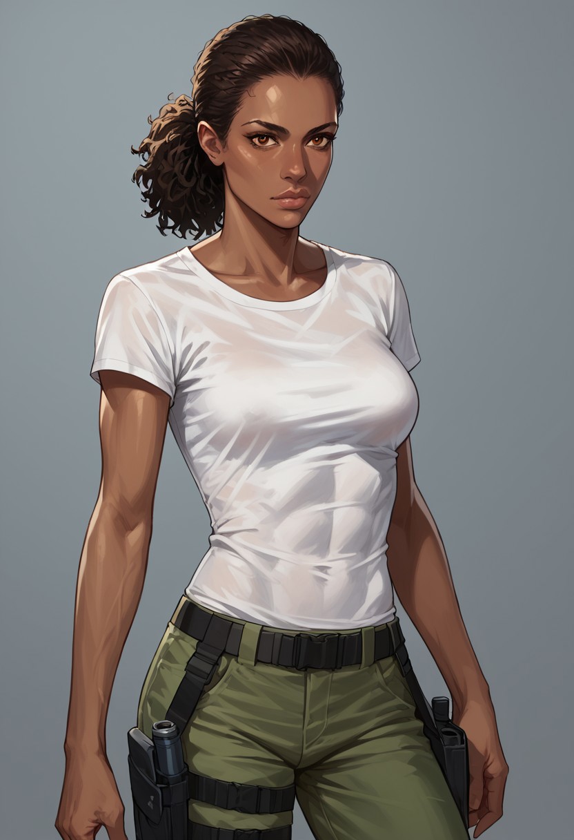 score_9, score_8_up, score_7_up, score_6_up, source_realistic, BREAK serious, 1girl, nadine, dark skin, dark skinned female, ponytail, tshirt, green pants, holster, breasts,
