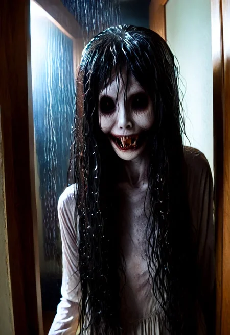 Cinematic realistic, highest quality photograph, insanely real life like, extremely photorealistic, a terrifying ghost, woman, 1girl, (((nukekubi that who's (((head is detached))) from her body))), (((very ghostly appearance, spectral, apparition))), (((Peeking out from around the door frame of an open bedroom door leading to a dark hallway (((by holding her head up by grabbing her own hair as a handle))) to a latern))), ((((only half her face is visible with her head tilted as if some was trying to sneak a peek into a room))), (((unnaturally (((long neck))) leading out of sight behind door frame)), (((evil, creepy smile as she stares directly at you))) , long black greasy hair with strands fallling down as her head is sideways peeking))), soft glow in the bedroom from the window on a full moon night,(((detail bedroom and hallway))), very dim but actually glowing eyes, depth of field, extremely detailed, (((creepy))), (((scary))), (((haunting))),(((terrifying))),<lora:WildcardX-XL-Detail-Enhancer:1.5>
horror, blood, smile, ghost, anamorphic film style,special effect bokeh style,Hollywood Anamorphic format film style,(((japanese ghost woman,long black hairs,hair fringe, wet,dirty clothes,threatening,piercing eyes,aggressive)))