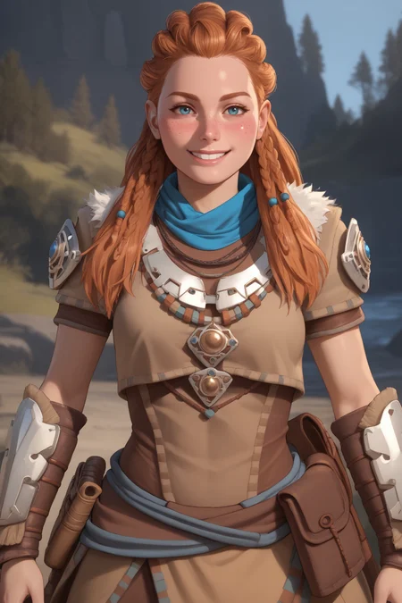 score_9, score_8_up, score_7_up, masterpiece, high quality, BREAK
 <lora:AloyPonyLoRA:1>aly, long hair, multiple braids, freckles, hair ornament, scarf, top, fur trim, necklace, bracer, skirt, smile