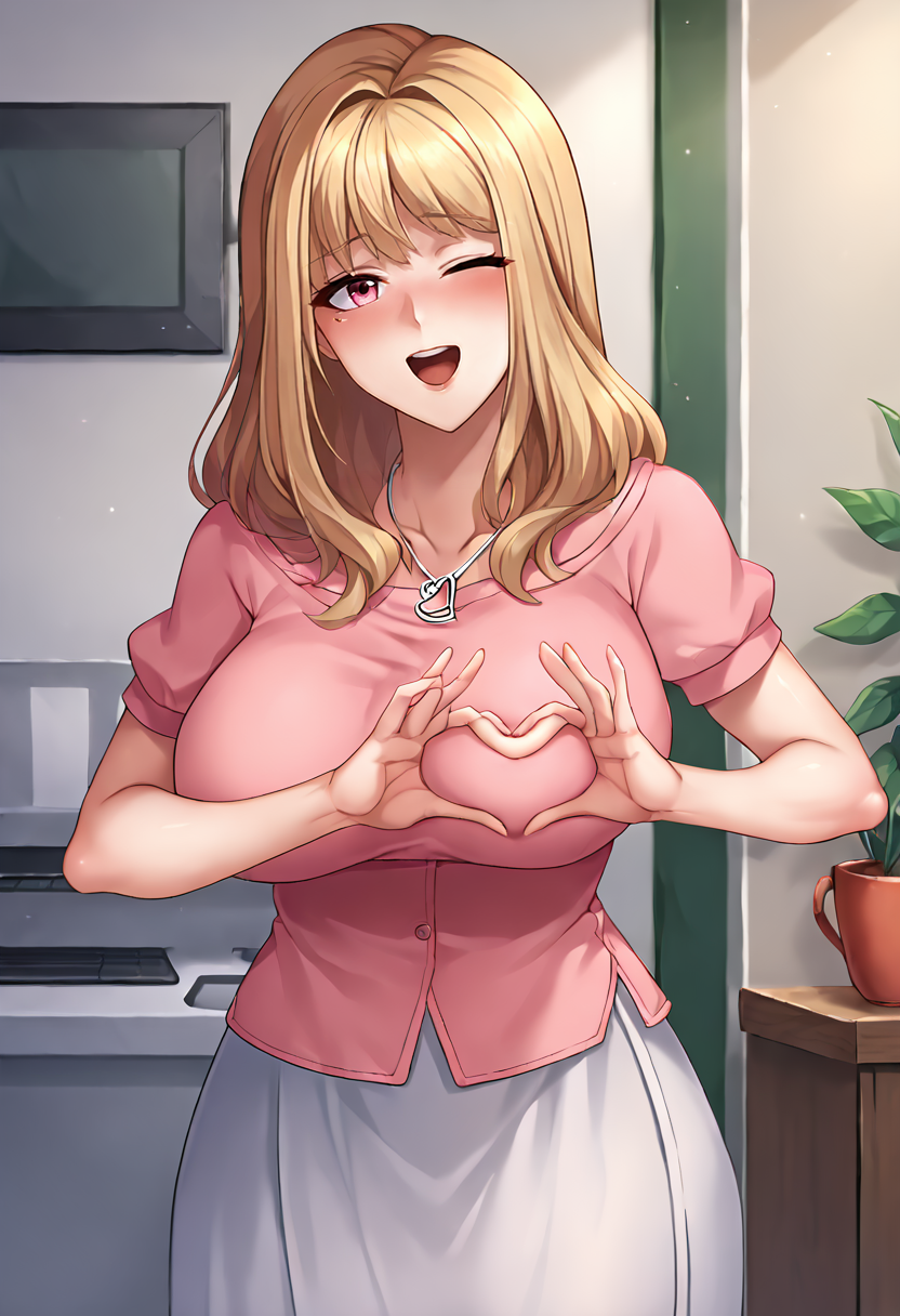 score_9, score_8_up, score_7_up, masterpiece, source_anime, 1girl, solo, ct_m4ko, ct_h34rt, pink eyes,huge breasts, long hair, light pink shirt, puffy short sleeves, heart necklace, long skirt, looking at viewer, indoors, shiny skin, cowboy shot, portrait, blush, one eye closed, happy, breath,<lora:Mako_Suzumoto_Pony_ct_ver2:1>  <lora:heartboob_pony_ct:1>