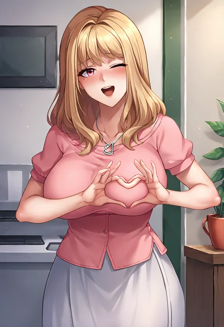 score_9, score_8_up, score_7_up, masterpiece, source_anime, 1girl, solo, ct_m4ko, ct_h34rt, pink eyes,huge breasts, long hair, light pink shirt, puffy short sleeves, heart necklace, long skirt, looking at viewer, indoors, shiny skin, cowboy shot, portrait, blush, one eye closed, happy, breath,<lora:Mako_Suzumoto_Pony_ct_ver2:1>  <lora:heartboob_pony_ct:1>