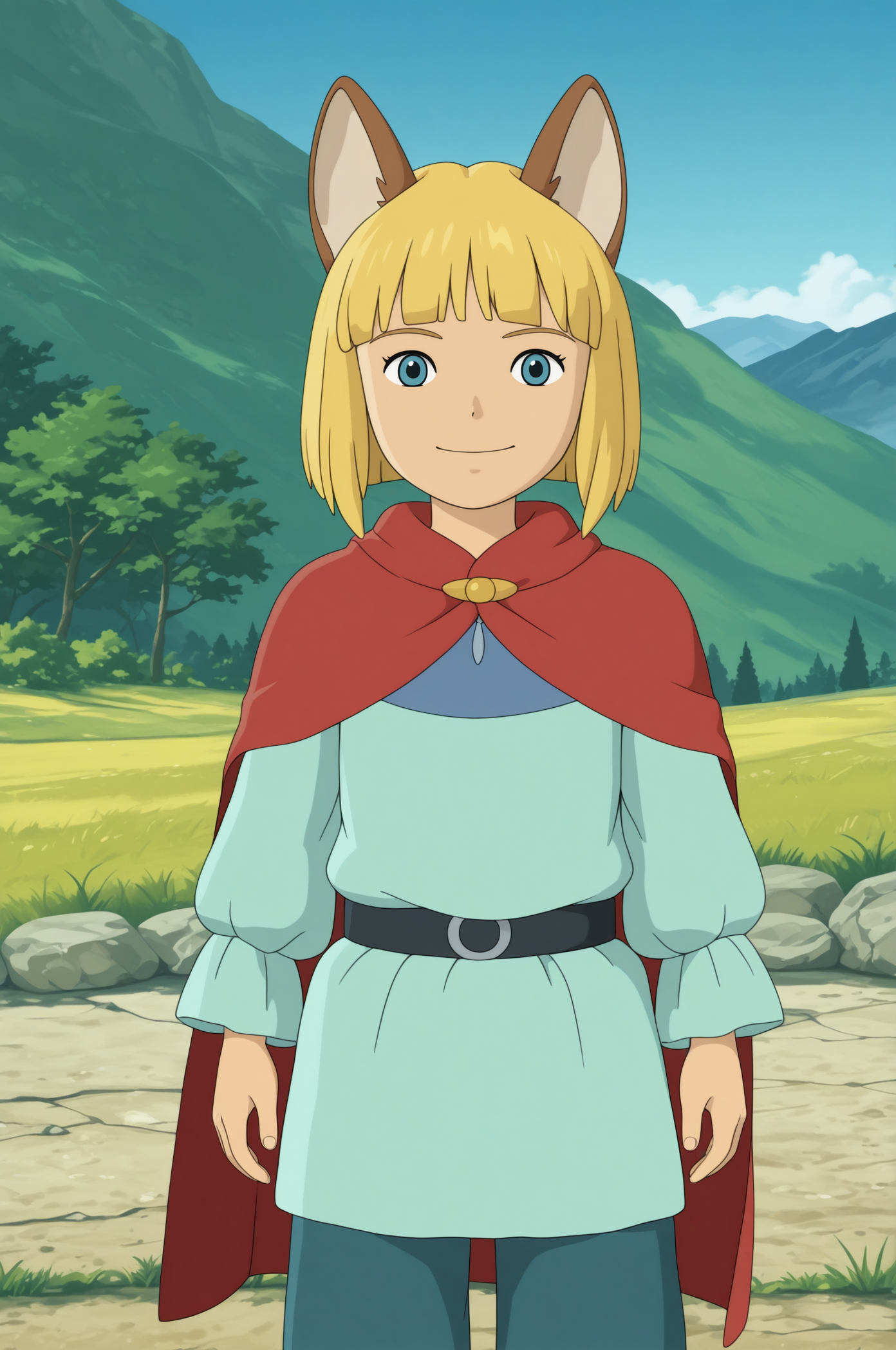 ghibli style, screencap,   1boy, evan, animal ears, blonde hair, blue eyes, short hair, cape, blunt bangs, parody, smile, outdoors, look at viewer,   outdoors, cowboy shot,   <lora:Evan_Pettiwhisker_Tildrum_Ni_No_Kuni_2:1>