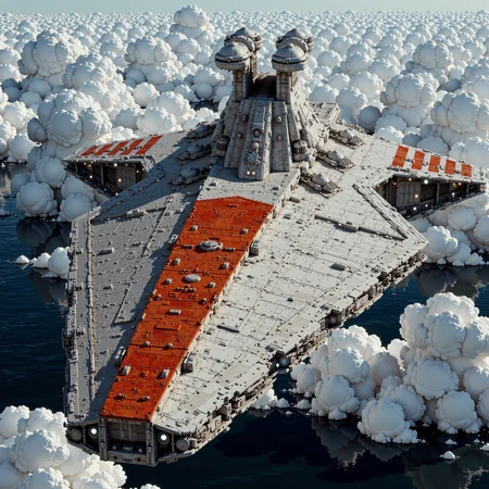 A colossal Venator-class Star Destroyer hovers silently within the upper atmosphere of an alien world. Its immense, wedge-shaped hull cuts through thick clouds, painted in the Republic’s signature crimson and gray. The surface is layered with dense, overlapping armor plates, exposed maintenance panels, and long rows of turbolaser turrets that sit idle across its flanks. Towering dual bridges rise from the dorsal ridge, framed against the glowing curvature of the planet below.