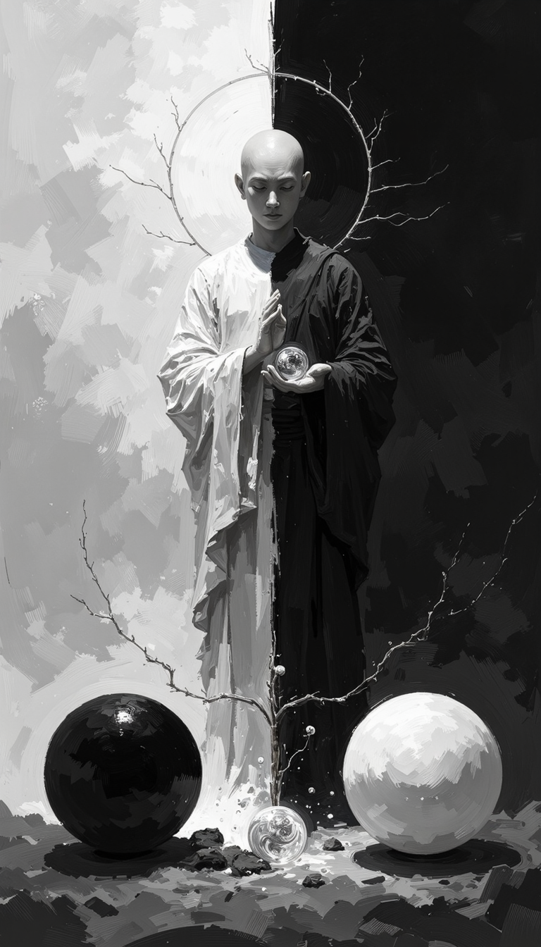This artwork is a visually arresting representation of duality, balance, and enlightenment. The central figure’s serene posture and divided form are contrasted with the dynamic, swirling background, while the hovering spheres provide additional layers of symbolism. The grayscale palette enhances the focus on light and shadow, making the composition feel timeless and introspective. It invites the viewer to ponder themes of unity, opposition, and cosmic balance.