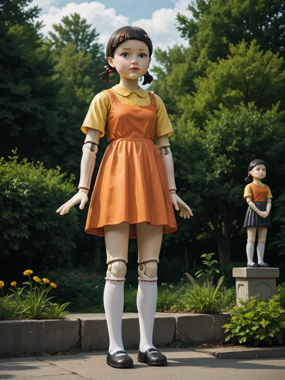 score_9, score_8_up, score_7_up, score_6_up, BREAK, Squidgamedoll, 1girl, solo, short hair, black hair, black eyes, orange dress, hair ornament, socks, doll joints, hair bobbles, short twintails, kneehighs, yellow shirt <lora:Squidgamedoll:1>