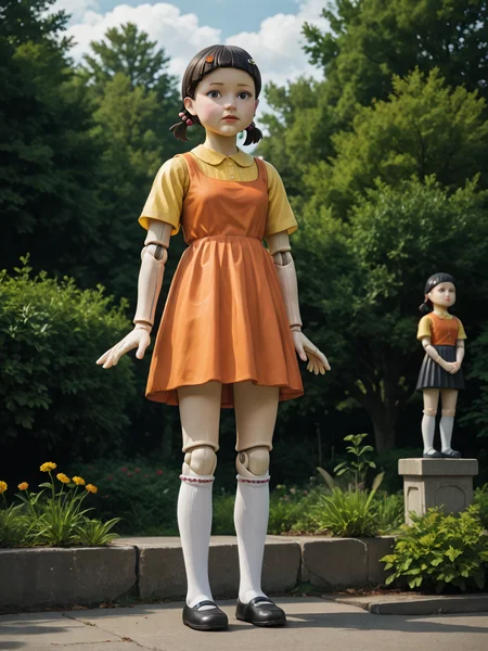 score_9, score_8_up, score_7_up, score_6_up, BREAK, Squidgamedoll, 1girl, solo, short hair, black hair, black eyes, orange dress, hair ornament, socks, doll joints, hair bobbles, short twintails, kneehighs, yellow shirt <lora:Squidgamedoll:1>