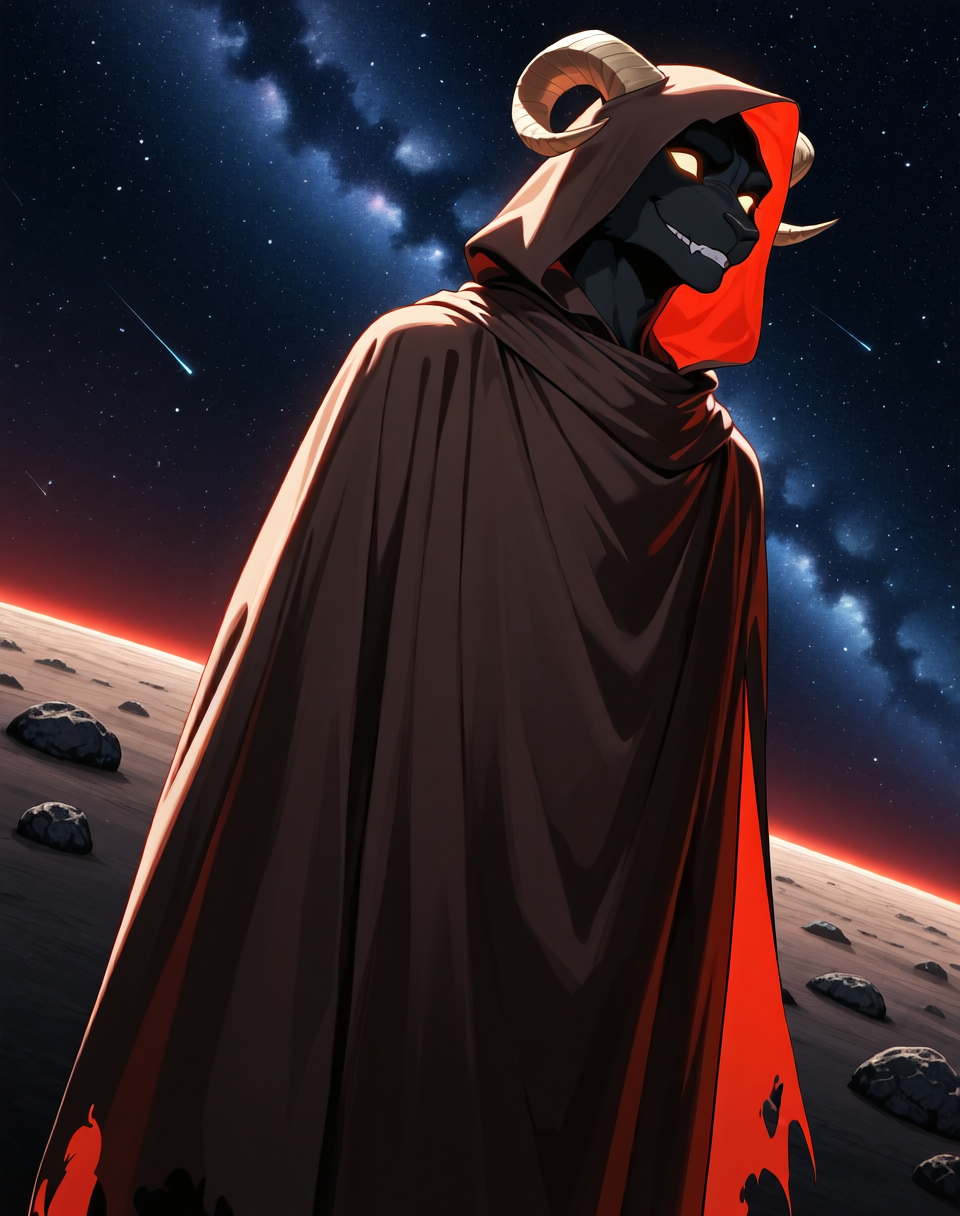 <lora:Moro_Hooded_Form_(Dragonball_Z)_(Illustrious)_(AD):1.35> Moro, hooded cloak, goat, 
((
dutch angle, exterior, outer space, asteroid field, 
male focus, gradient coloring, solo, cowboy shot, soft shading, old, aged up, dark picture, tattered brown cloak, evil villain, 
)), 
BREAK very awe, aesthetically pleasing, masterpiece, best quality, amazing quality, very aesthetic, perfect depth of field shot, in'ei, furry_art, source_furry, source_anime,
EZRealPONYXL, zPDXL, Smooth Quality, lazympos, IllustQualXL_Pos,