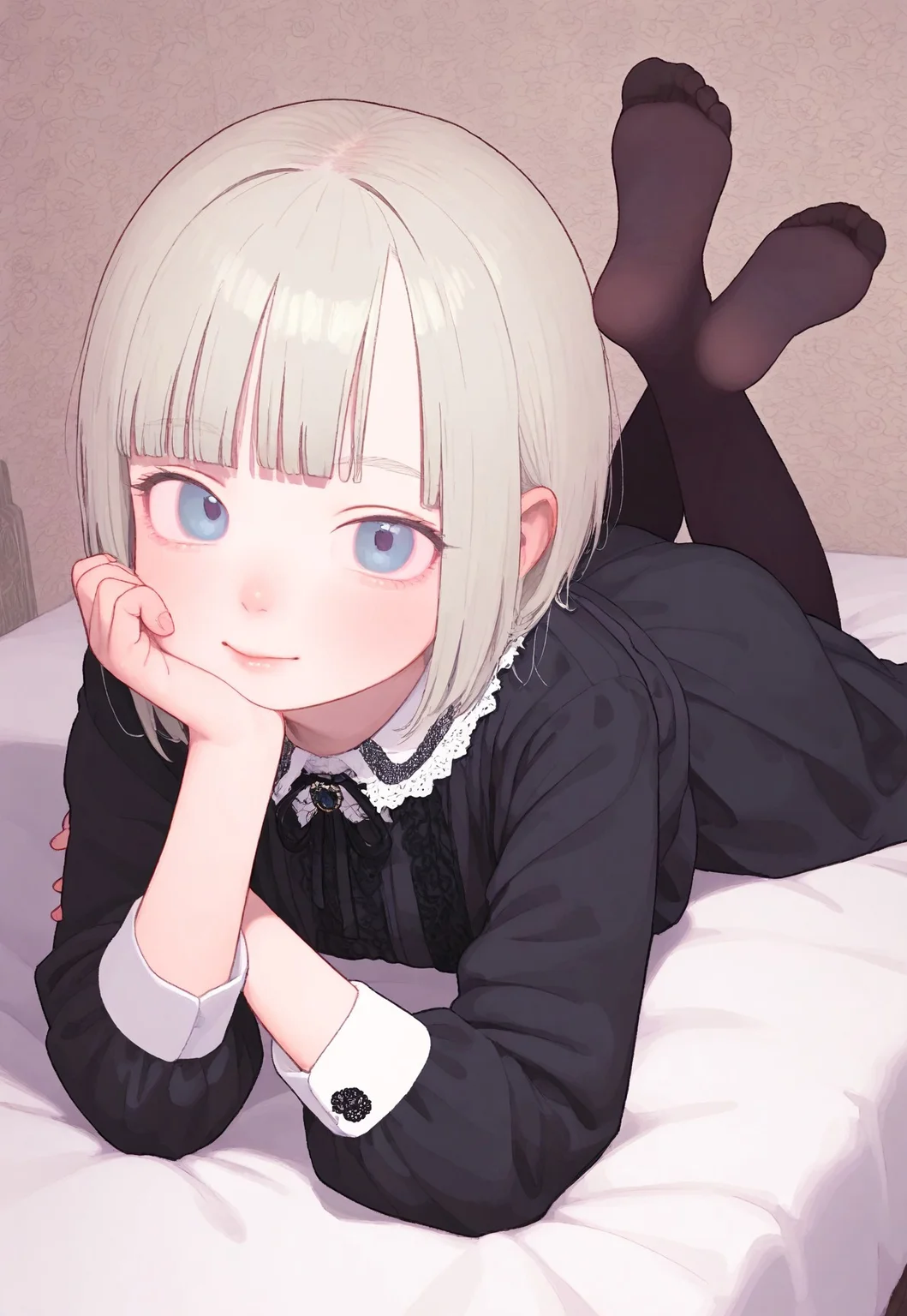 safe_pos, (((masterpiece,amazing quality,best quality,ultra-detailed,8K,illustration, amazing quality, newest, absurdres, realistic))), vivid colors, BREAK cute face, 1girl,

gothic,  ((micro bangs, straight bangs cut high above the eyebrows)), pale skin, hime cut, bobcut hair, 
victorian clothes, 

black tights, matte black tights, thick black tights,

hyper detailed, ((details, laced patterns)),(((vintage))), laying on bed, laying on stomach,
feet up, toes, 

chin resting on hand, large angle,