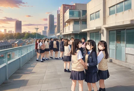 score_9, score_8_up, score_7_up, rating_safe, masterpiece, best quality, absurdres, unity 8k wallpaper, official art, official style, source_anime, uncensored, game cg, megami magazine,
okujyou, multiple girls, 6+girls, school uniform, multiple boys, real world location, 6+boys, outdoors, long hair, sky, skirt, brown hair, city, black hair, short hair, jacket, day, cityscape, sweater vest
<lora:gakkou_okujyo_PONY_V1:1>