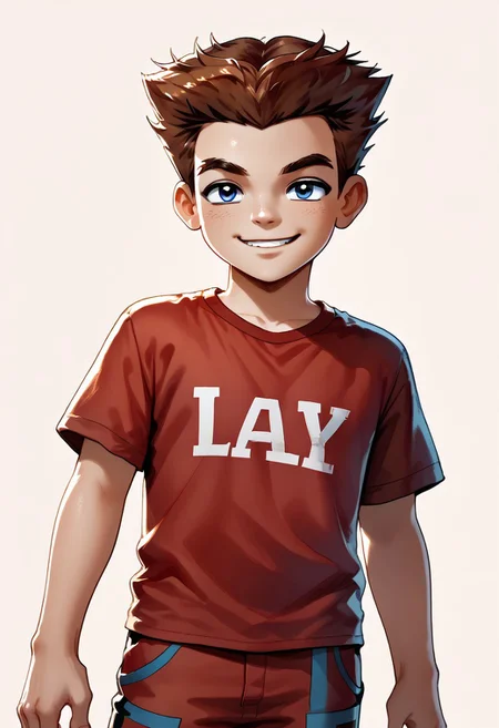 DarirStyle
score_9, score_8_up, score_7_up, highly detailed, cute boy, 1boy, solo,
Lee_Clark, Brown Hair, Pale Blue Eyes, Red t-shirt, dark red pants, smug smile