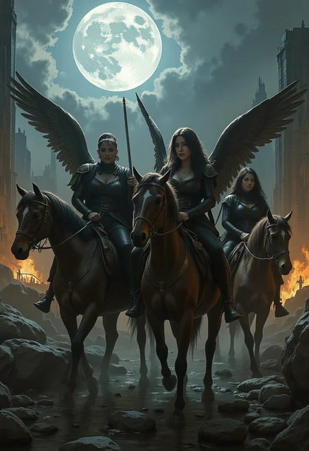 four beautiful women on horses representing the four horsemen of the apocalypse. A dystopian scene as the women ride the horses, dark angelic women,