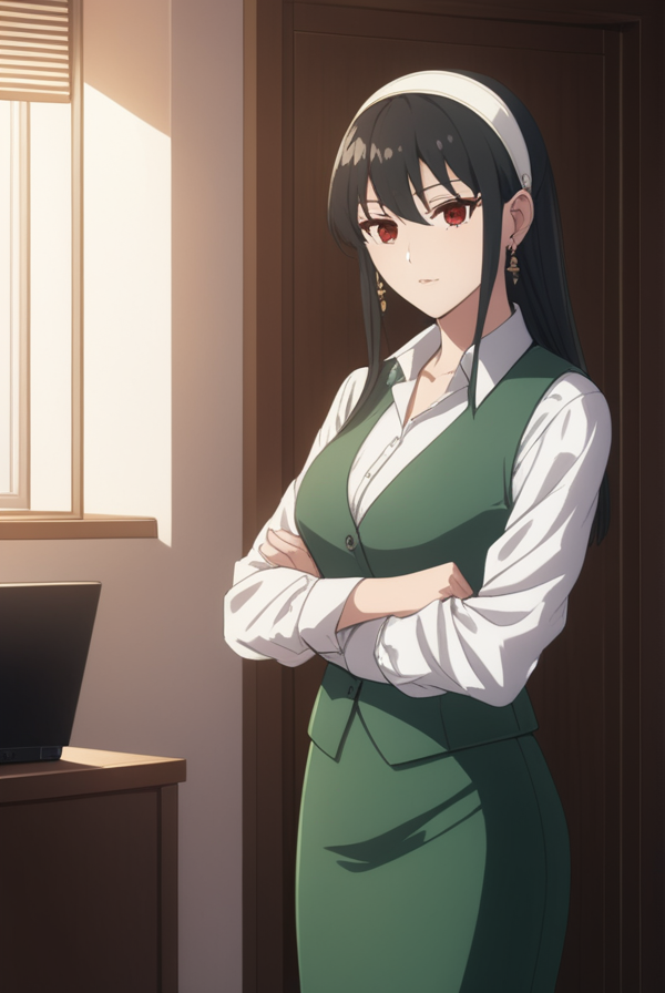 masterpiece, best quality, highres, 4k, 8k, intricate detail, cinematic lighting, amazing quality, amazing shading, soft lighting, Detailed Illustration, anime style,
yorbriar, <lora:yor-briar-s1s2-sdxl-lora-nochekaiser:0.75>,
yor briar, black hair, red eyes, earrings, white hairband, hairband, long hair, sidelocks,
skirt, shirt, long sleeves, white shirt, earrings, collared shirt, vest, green skirt, pencil skirt, office lady, green vest,
indoors, office,
looking at viewer, full body, dynamic pose,