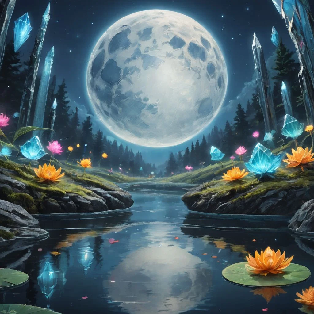 a mesmerizing high-definition digital painting of a (raindrop:1.4) with a vivid reflection of a magical forest in a crystal-clear pond, capturing the enchanting atmosphere under the full moon.