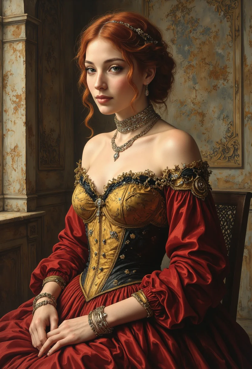 A Renaissance-style, 3/4 profile tight, closeup portrait of an oil painting of a woman piercing golden-hazel eyes and fiery red curls from the chest up sitting before a textured background of an aged, baroque patterned wall in muted earth tones, draped in a meticulously crafted Renaissance gown with modern embellishments. The off-the-shoulder dress, made of deep crimson velvet, features an embroidered golden corset laced with delicate black silk ribbons and a subtle digital luminescence outlining the brocade patterns. Her sleeves are long and flowing, gathered at the wrists with metallic clasps shaped like circuit patterns. Her pearl-adorned hair is woven with fine gold chains, a gold and diamond choker is around her neck and gold and diamond braclets adorning her wrists. The soft illumination contrasts beautifully against the dimly lit room as she stares at the viewer with a subtle smile. <lora:illustration20FLUX20.XsbF:0.3500000000000001> <lora:SkoolDaze_Portrait_Style-000014:0.5500000000000002> <lora:Mezzotint_Artstyle_for_Flux_-_by_Ethanar:0.5500000000000002> <lora:cpa.LgFo:0.3500000000000001>