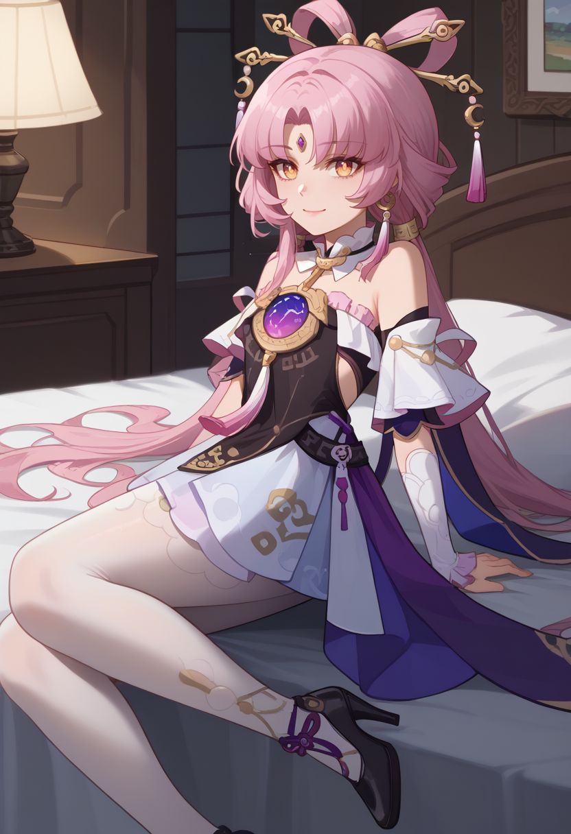 score_9, score_8_up, score_7_up, source_anime, 1girl, fuxuandef, yellow eyes, pink hair, long hair, low twintails, bow-shaped hair, parted bangs, forehead jewel, hair stick, hair ornament, earrings, jewelry, bare shoulders, detached sleeves, dress, backless dress, tassel, bridal gauntlets, white pantyhose, high heels, black footwear, lying, on back, on bed, closed mouth, smile, looking at viewer, indoors, bedroom, pillow, on side, close-up, facing viewer, leg up, <lora:Fu_Xuan_v1-000010:1>