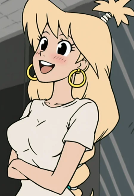 woman, tiffany, kangoo,blonde hair, black eyes, earrings, jewelry, 1girl, crossed arms, hoop earrings, open mouth, smile, shirt, upper teeth only, upper body, breasts, short sleeves, solo focus, blush, white shirt