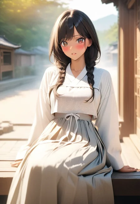 gorgeous lips, cinematic, (masterpiece), (best quality), (ultra-detailed), very aesthetic, illustration, perfect composition, intricate details, absurdres, detailed face, (anime, masterpiece, intricate:1.3), (best quality, hires textures, high detail, ultra detailed background:1.2), brown eyes,
1girl, tan skin, very long black hair, twin braids, wavy hair,medium breasts, perfecteyes, 8k, highest quality, ultra details,1girl, solo(white and silver korean style hanbok, white hanbok top, white and silver hanbok skirt,:1.4), white hair ribbon, slippers,sitting by a water well, ancient korean wooden village ,sunny day, small whispy clouds, mountainous land, pulling water from the well, sitting cinematic lighting, hair blowing in the wind, hanbok skirt blowing in wind, blush, (from front:1.4), cowboy shot, morning time,