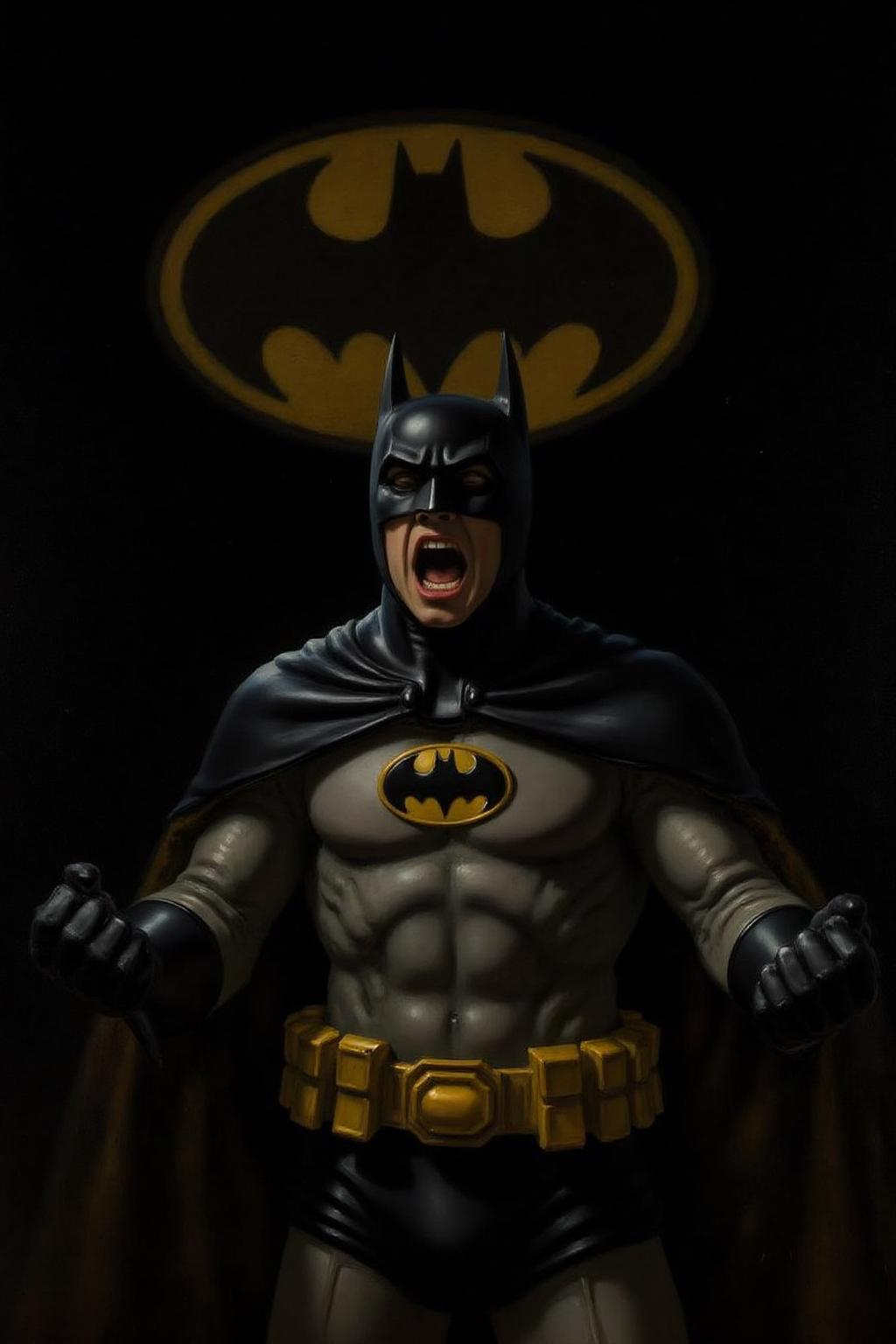 rembr2 oil painting of Batman shouting angrily. Background is the bat signal on a dark night sky.  <lora:rembr_paint1_semicap_d6a3:1.0><lora:812154599147552455:0>