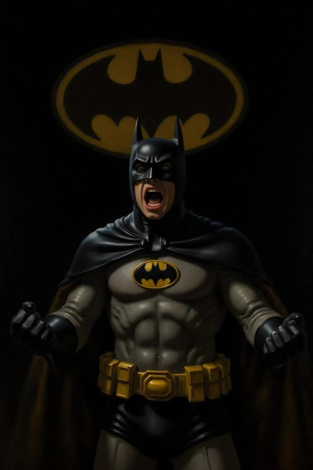 rembr2 oil painting of Batman shouting angrily. Background is the bat signal on a dark night sky. <lora:rembr_paint1_semicap_d6a3:1.0><lora:812154599147552455:0>