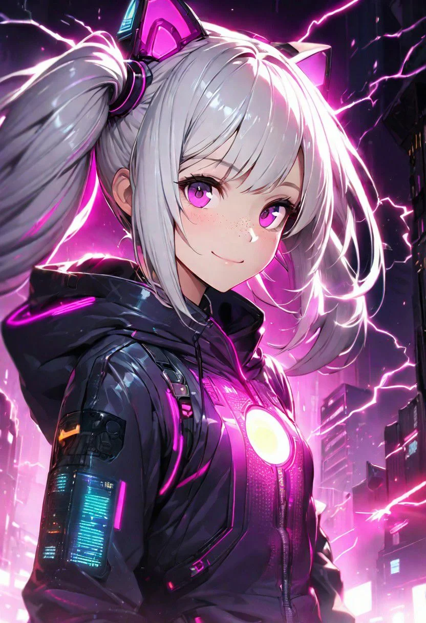 illustration, masterpiece, best quality, anime girl with (mid:long) (light pink and white) hair and magenta colored eyes, smile, twintail, freckles, ((flat chest)), dynamic pose, look at viewer, young, cyberpunk clothing, glowing highlights on clothing, clothing hoody with cat ears, ultra high resolution, (photorealistic:0.4), upper body shot, volumetric light and shadow, bioluminescent hair, 8k, natural, ultra high detail, high resolution textures, beautiful, hard lightning, intricate, extremely detailed, less highlights on clothing, extremely detailed, an14