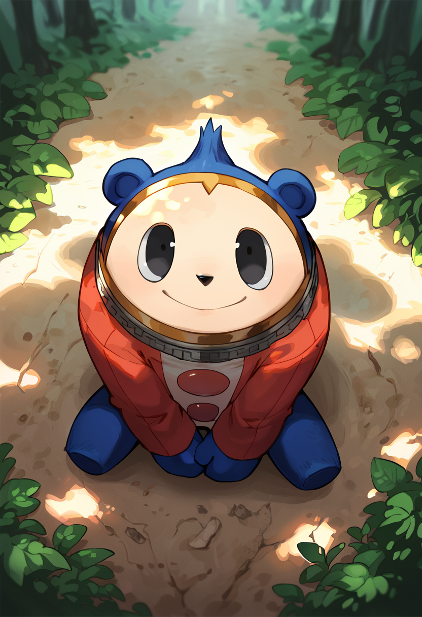 <lora:PS_Teddie_a1_6_PonyXL_spnckpt1_th-1.4>,<lora:TOTO_Inaxtoto__bebebebe_Style_Lora:0.7>,<lora:BG2_dpep4+silicon29dim64:1>,<lora:XDetail_light:1.1>,score_9,score_8_up,score_7_up,psnateddie,solo,hi res,detailed background,forest,
black eyes,smile,sitting,(three-quarter view:1.3),high-angle view,hands between legs,