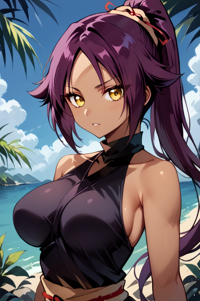 (score_9:0.9), score_8_up,score_7_up,anime style,rating_safe,(zPDXL), (extremely detailed CG unity 4k wallpaper),(masterpiece),(best quality),(ultra-detailed),(best illustration),(best shadow),(absurdres),(detailed background), Yoruichi Shihouin, 1girl, solo, shihouin yoruichi, purple hair, dark skin, yellow eyes, sky, cloud, dark-skinned female, long hair, day, anime coloring, collarbone, large breast, blue sky, tight fit dress, outdoors, portrait, bare shoulders, parted lips, blush, <lora:ShihouinYoruichiPonyXL-04:1>