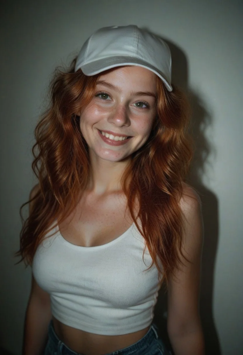 1girl, denim shorts, baseball cap, big smile, curvy, ginger hair, frizzy hair, flannel top, white tank top, warm lighting, sunny day