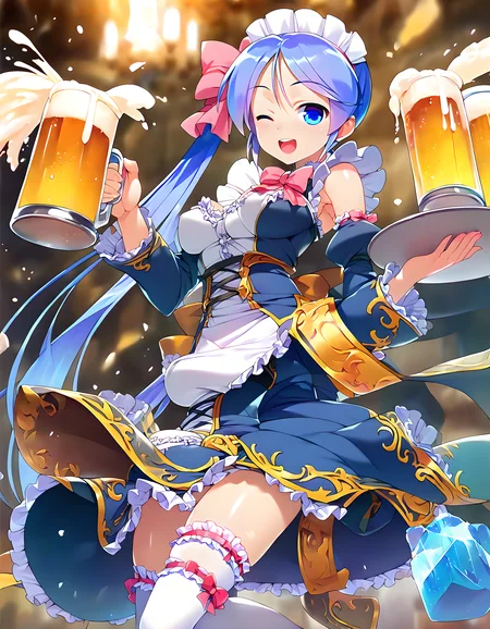 <lora:pony_xl_navi:0.9>,navi,score_9,score_8_up,score_7_up,source_anime,best quality,masterpiece,super fine illustration,1girl,maid,frills,thighhighs,detached sleeves,one eye closed,shiny skin,shiny hair,tray,cup,beer,alcohol,;d,