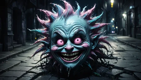 pastel vibrant silly grotesque face in a noir environment at night time, highly detailed, backlight, hdr