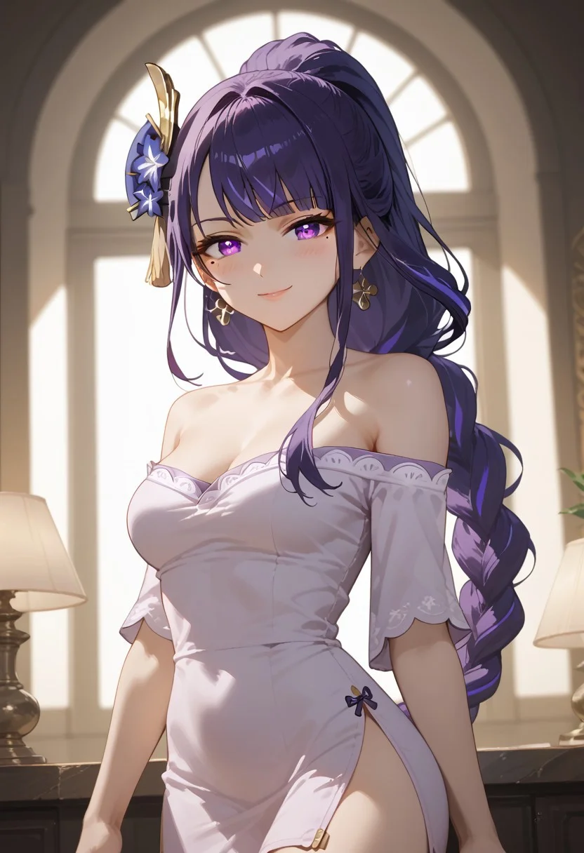 score_9, score_8_up, score_7_up, score_6_up, masterpiece, best quality, absurdres, cinematic, dynamic angle, perfect composition, solo, 1girl, medium breasts, Raiden Shogun, purple eyes, purple hair, very long hair, braided ponytail, hair ornament, hair flower, mole under eye, off-shoulder mini dress, golden jewelry, side slit, high ponytail, soft evening lighting, sparkling earrings, luxurious interior, confident pose, smile, blush, looking at viewer,