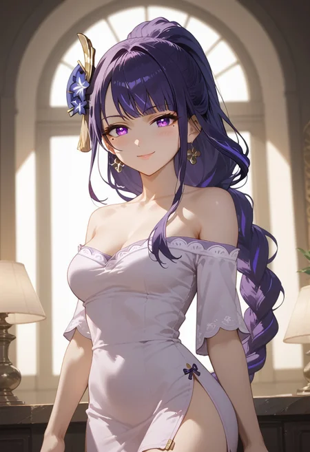 score_9, score_8_up, score_7_up, score_6_up, masterpiece, best quality, absurdres, cinematic, dynamic angle, perfect composition, solo, 1girl, medium breasts, Raiden Shogun, purple eyes, purple hair, very long hair, braided ponytail, hair ornament, hair flower, mole under eye, off-shoulder mini dress, golden jewelry, side slit, high ponytail, soft evening lighting, sparkling earrings, luxurious interior, confident pose, smile, blush, looking at viewer,
