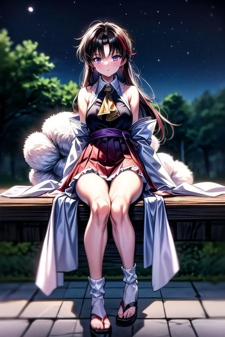 masterpiece, best quality 1girl Setsun4 solo long hair, (night time) forest background black hair very long hair purple eyes multicolored hair armor (fur trim) (medium body),<lora:EMS-179-EMS:0.800000>,<lora:EMS-293862-EMS:0.800000>ascot, bare shoulders, black footwear, detached sleeves, embellished costume, frills, japanese clothes, nontraditional miko, red skirt, sandals, sarashi, skirt, socks, white sleeves, white socks, wide sleeves, yellow ascot, zouri, armor, miko